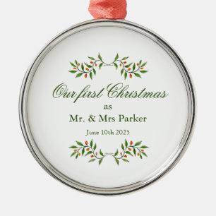Elegante Watercolor Grüne Unser erstes Weihnachtsf Ornament Aus Metall