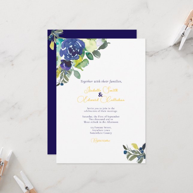 Elegante Watercolor Indigo Blue Rose Hochzeit Einladung (Vorderseite/Rückseite Beispiel)