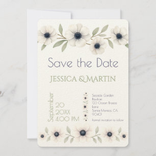 Elegante Watercolor Ivory Navy Blue Anemone Weddin Save The Date