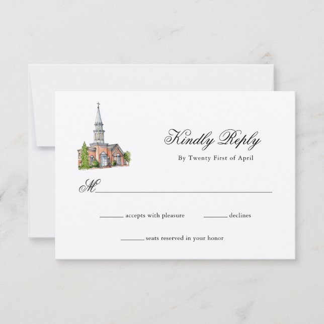 Elegante Watercolor Kirche Hochzeit RSVP (Vorderseite)