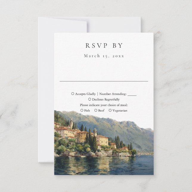 Elegante Watercolor Lake Como Italien Hochzeit RSVP Karte (Vorderseite)