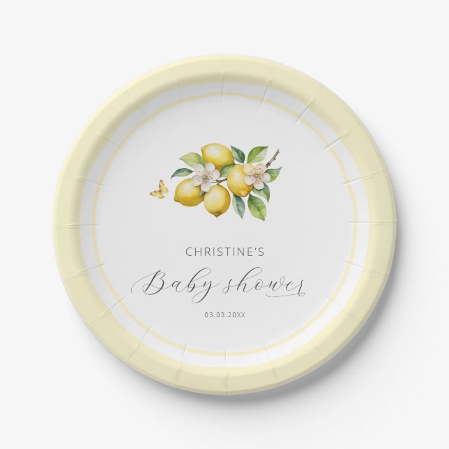 Elegante Watercolor Lemon Babydusche Pappteller (Vorderseite)