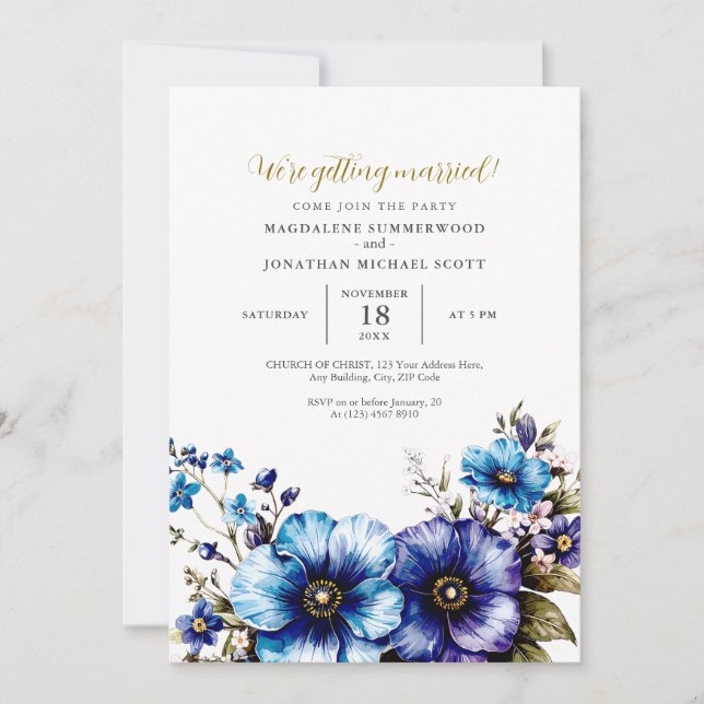Elegante Watercolor Lila Blue Floral Wedding Einladung (Vorderseite)