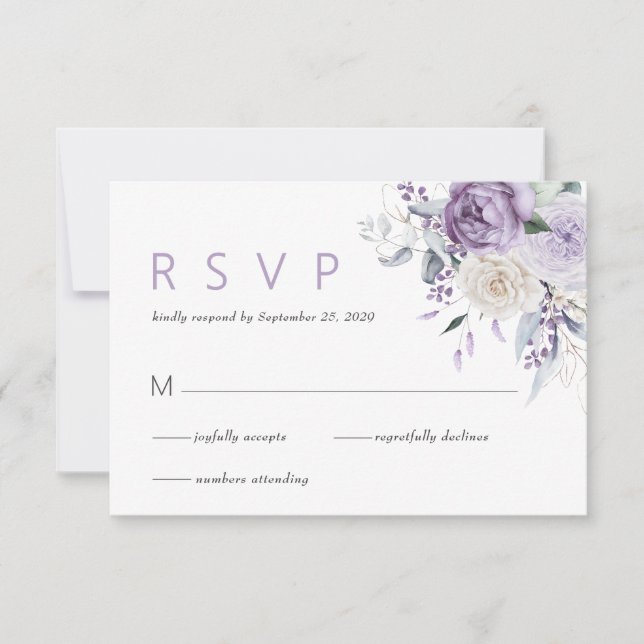 Elegante Watercolor Lila Blumenhochzeit RSVP (Vorderseite)