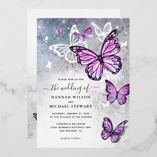 Elegante Watercolor Lila Butterfly Wedding Real Folieneinladung (Vorderseite/Rückseite)