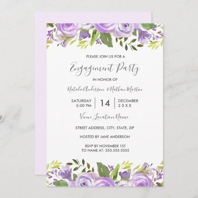 Elegante Watercolor Lila Floral Engagement Party Einladung (Vorne/Hinten)