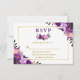 Elegante Watercolor Lila Floral Gold Hochzeit RSVP Karte