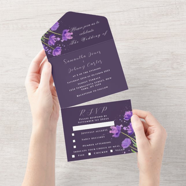 Elegante Watercolor Lila Floral Lilac Wedding All In One Einladung (Abreißen)