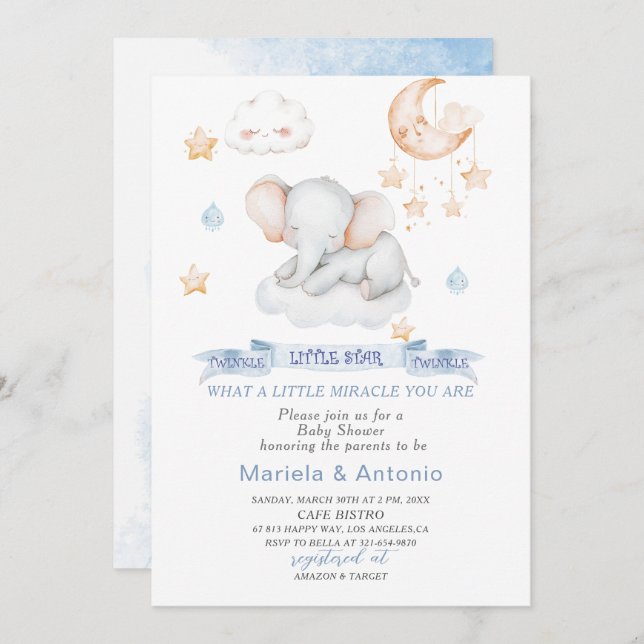 Elegante Watercolor Little Star Elefant Baby Show Einladung (Vorne/Hinten)