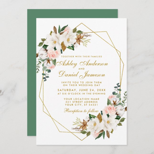 Elegante Watercolor Magnolias Rose Hochzeit Gold Einladung (Vorne/Hinten)