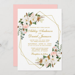 Elegante Watercolor Magnolias Rose Hochzeit Gold Einladung