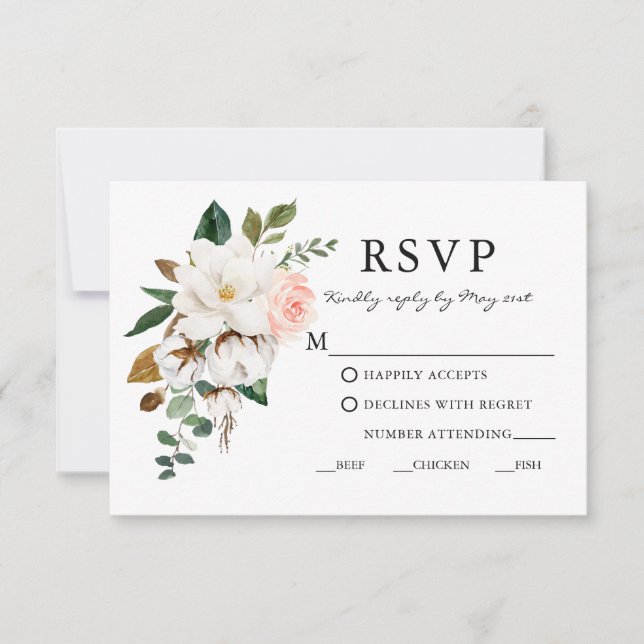 Elegante Watercolor Magnolias Rose Hochzeit RSVP Karte (Vorderseite)