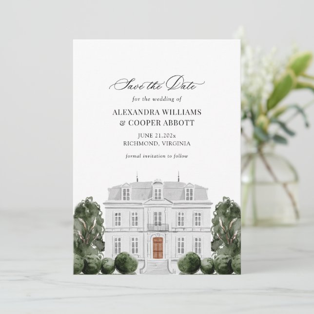 Elegante Watercolor Mansion Save the Date Card Einladung (Stehend Vorderseite)
