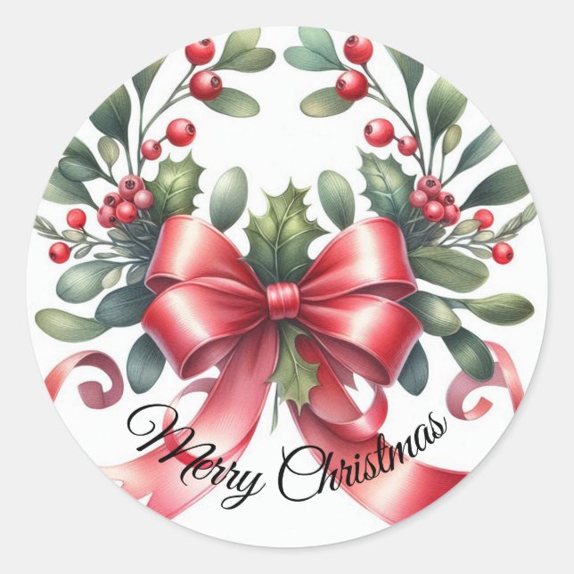 Elegante Watercolor Mistletoe Frohe Weihnachten Runder Aufkleber (Vorderseite)
