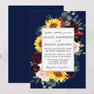 Elegante Watercolor Mixed Floral Frame Blue Weddin Einladung