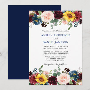 Elegante Watercolor Mixed Floral Wedding Blue Einladung