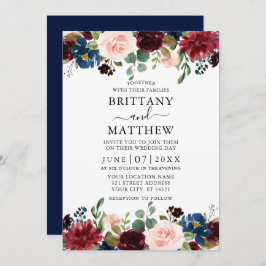 Elegante Watercolor Mixed Floral Wedding Blue Einladung