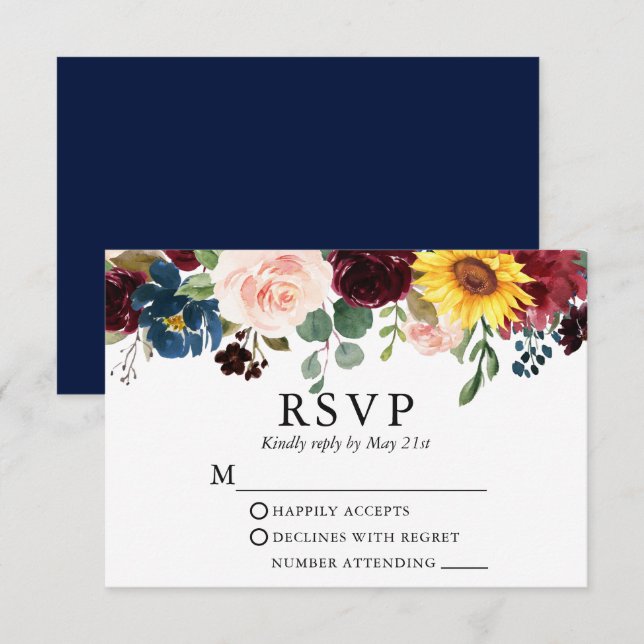 Elegante Watercolor Mixed Floral Wedding Blue RSVP Karte (Vorne/Hinten)