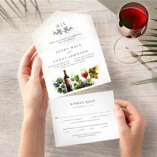 Elegante Watercolor Monogram Vineyard Wedding All In One Einladung