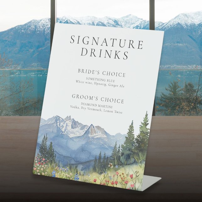 Elegante Watercolor Mountain Signature Drinks Sockelschild (Elegant Watercolor Mountain Signature Drinks Pedestal Sign)