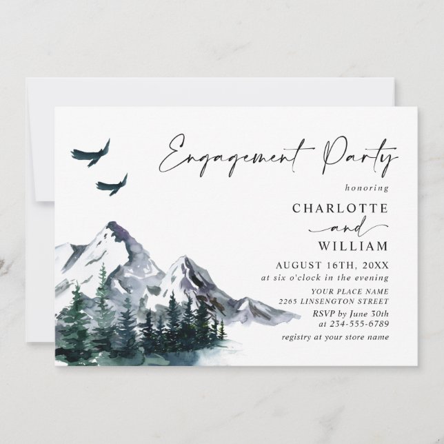 Elegante Watercolor Mountains Engagement Party Einladung (Vorderseite)