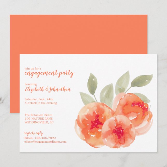 Elegante Watercolor Peach Peonies Engagement Party Einladung (Vorne/Hinten)