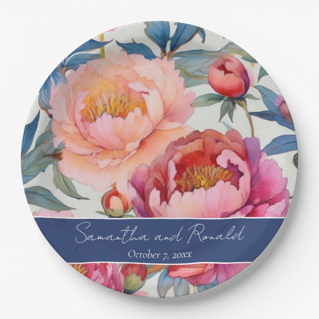 Elegante Watercolor Peony Blume Hochzeit Pappteller (Vorderseite)