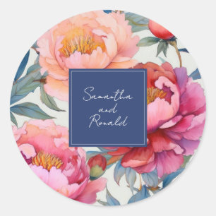 Elegante Watercolor Peony Blume Hochzeit Runder Aufkleber