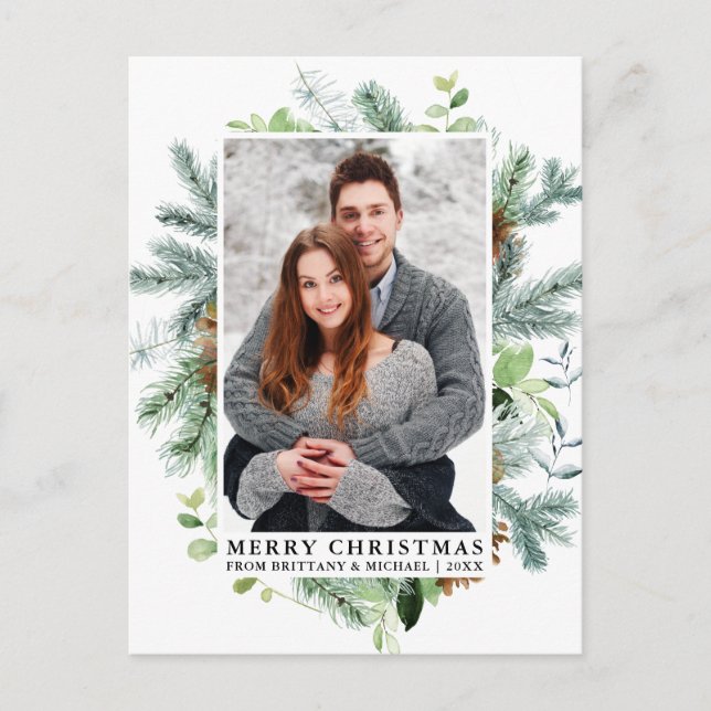Elegante Watercolor Pine Frame Couple Weihnachten Postkarte (Vorderseite)