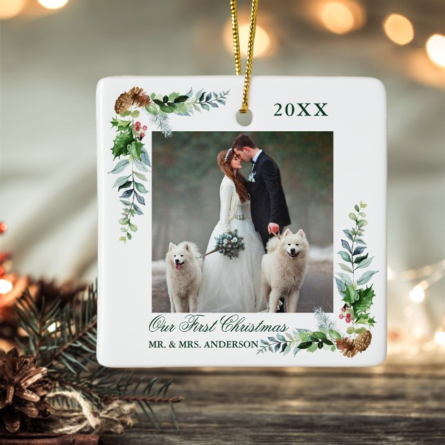 Elegante Watercolor Pine Wedding First Christmas Keramikornament (Customize to change text size, color or text style.)