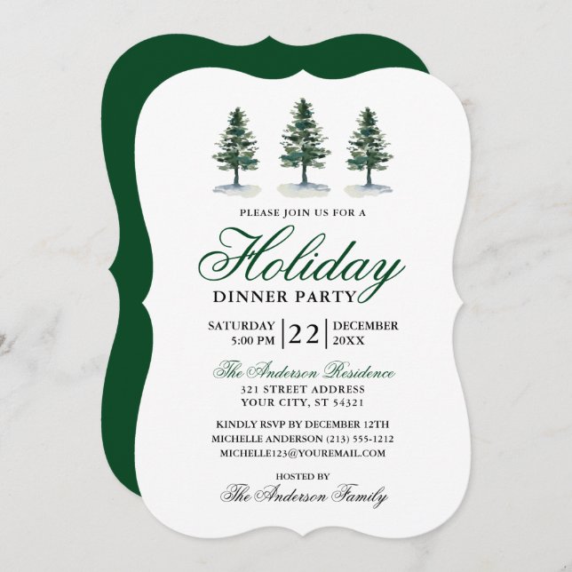 Elegante Watercolor Pines Holiday Party Einladung (Vorne/Hinten)