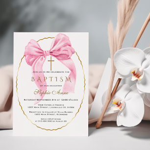 Elegante Watercolor Pink Bow Gold Girl Taufen Einladung
