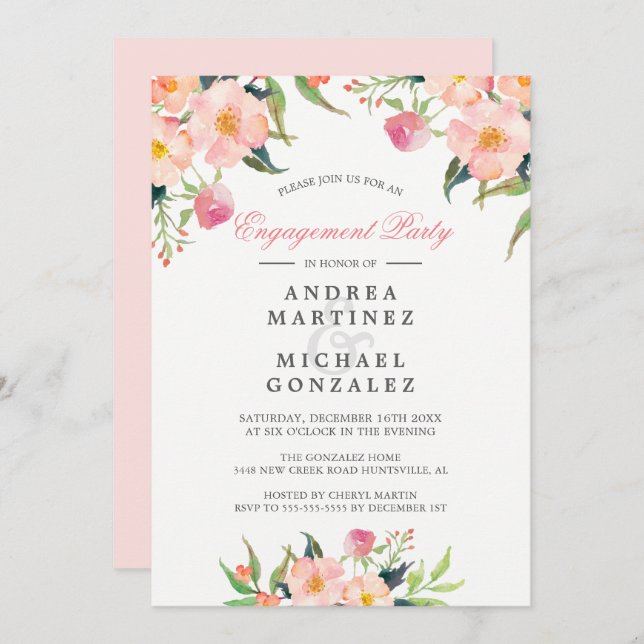Elegante Watercolor Pink Floral Engagement Party Einladung