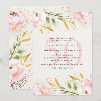 Elegante Watercolor Pink & Gold 50. Geburtstagspar Einladung