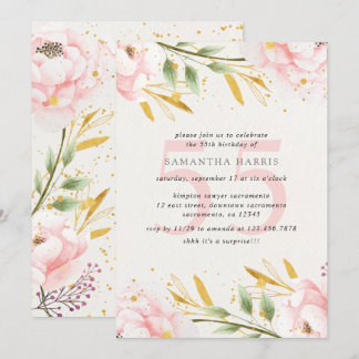 Elegante Watercolor Pink & Gold 55. Geburtstagspar Einladung