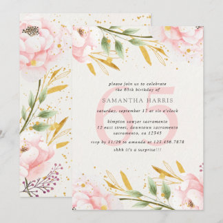 Elegante Watercolor Pink & Gold 65. Geburtstagspar Einladung