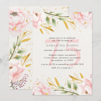Elegante Watercolor Pink & Gold 75. Geburtstagspar Einladung