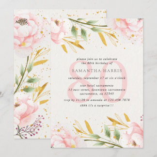 Elegante Watercolor Pink & Gold 80. Geburtstagspar Einladung