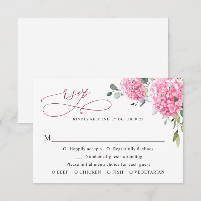 Elegante Watercolor Pink Hydrangea Blumenhochzeit RSVP Karte (Vorne/Hinten)
