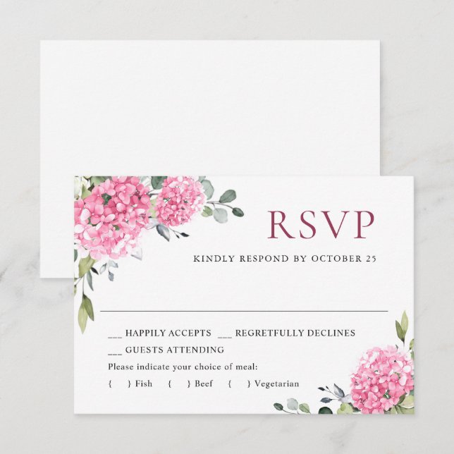 Elegante Watercolor Pink Hydrangea Blumenhochzeit RSVP Karte (Vorne/Hinten)
