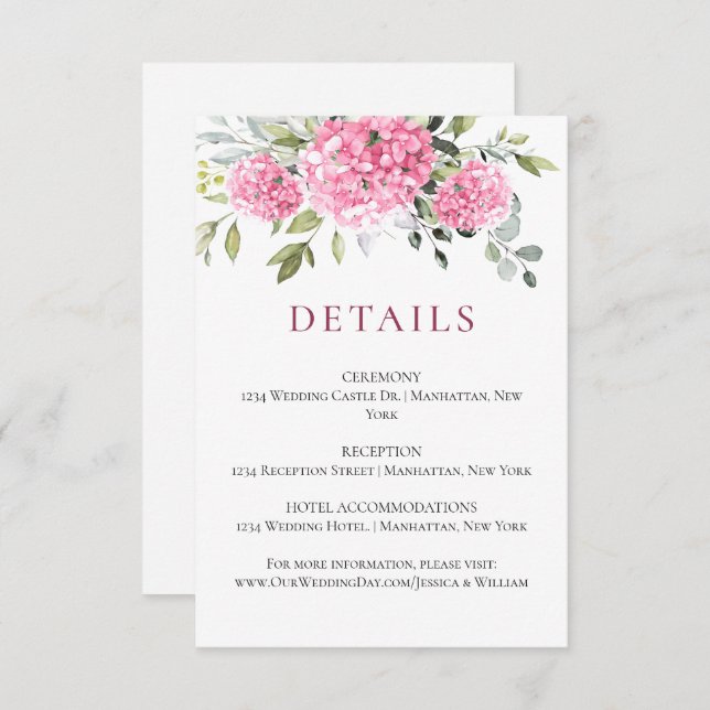 Elegante Watercolor Pink Hydrangea Hochzeitsdetail Begleitkarte (Vorne/Hinten)