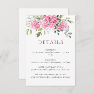 Elegante Watercolor Pink Hydrangea Hochzeitsdetail Begleitkarte