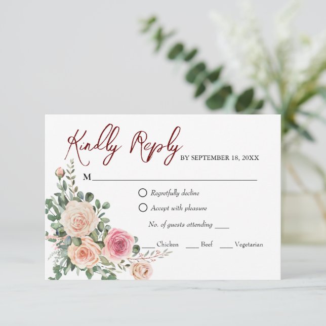 Elegante Watercolor Pink Roses Wedding RSVP Card Karte (Stehend Vorderseite)