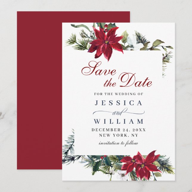 Elegante Watercolor Poinsettia Branch Wedding Save The Date (Vorne/Hinten)