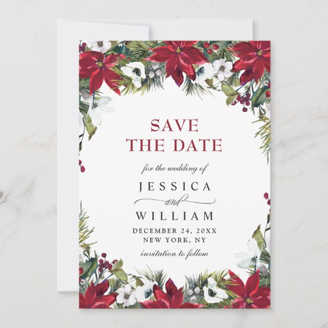 Elegante Watercolor Poinsettia Branch Wedding Save The Date (Vorderseite)