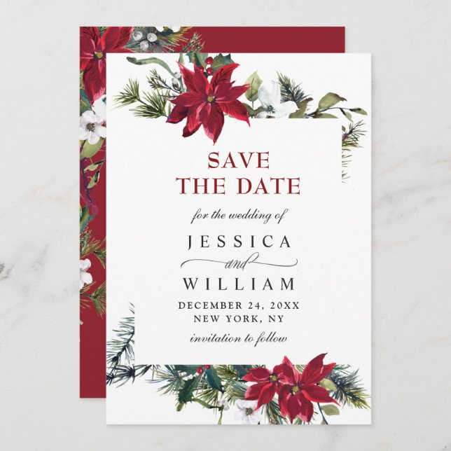 Elegante Watercolor Poinsettia Branch Wedding Save The Date (Vorne/Hinten)