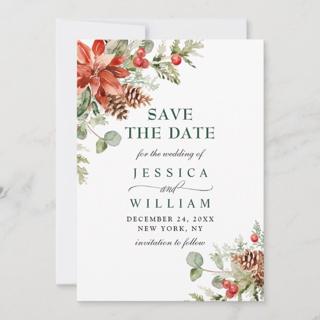 Elegante Watercolor Poinsettia Branch Wedding Save The Date (Vorderseite)