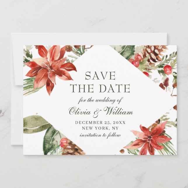 Elegante Watercolor Poinsettia Branch Wedding Save The Date (Vorderseite)