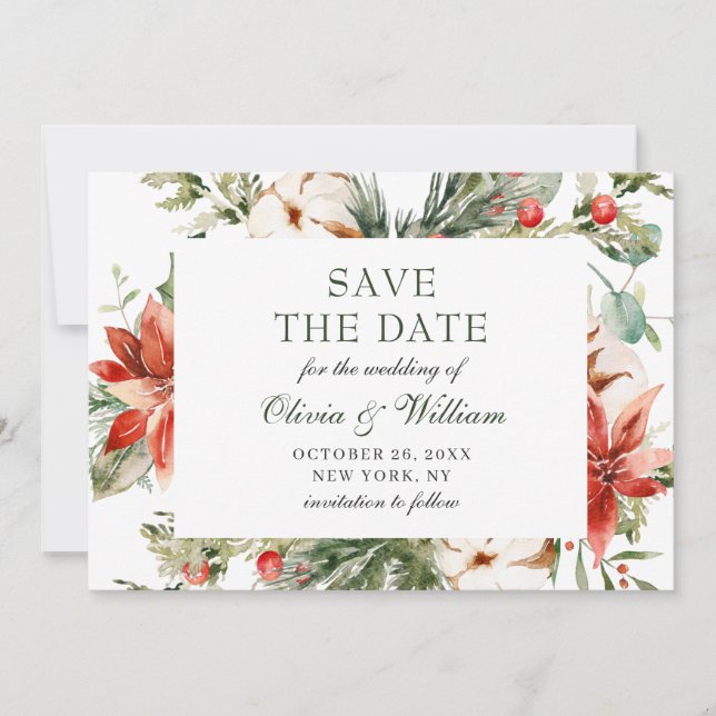 Elegante Watercolor Poinsettia Branch Wedding Save The Date (Vorderseite)