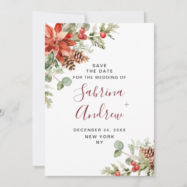 Elegante Watercolor Poinsettia Branch Wedding Save The Date (Vorderseite)